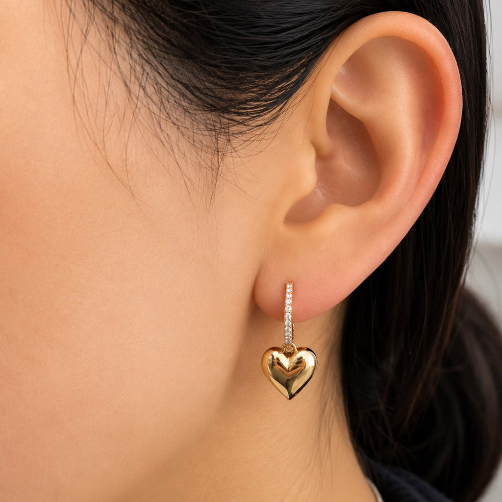 Yellow Gold Pave Huggie & Puffy Heart Drop Earrings