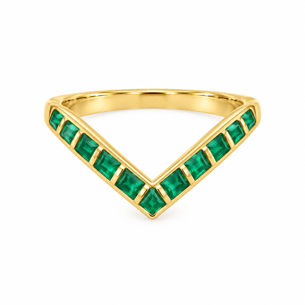 Yellow Gold Emerald Chevron V-Band Ring