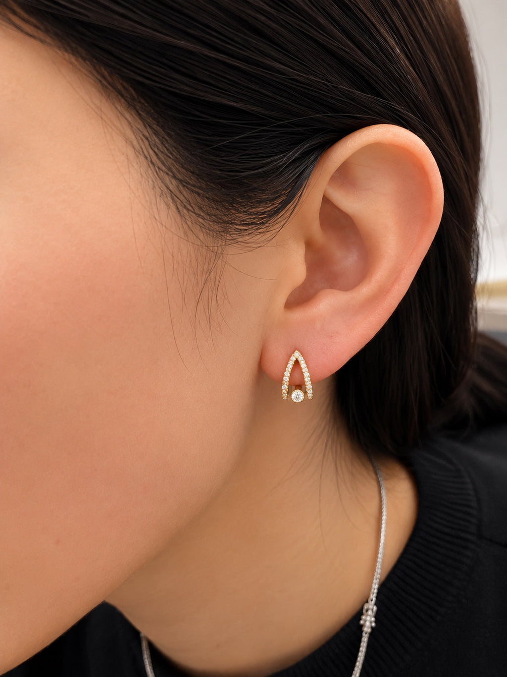 Yellow Gold Pave Arch & Solitaire Stud Earrings