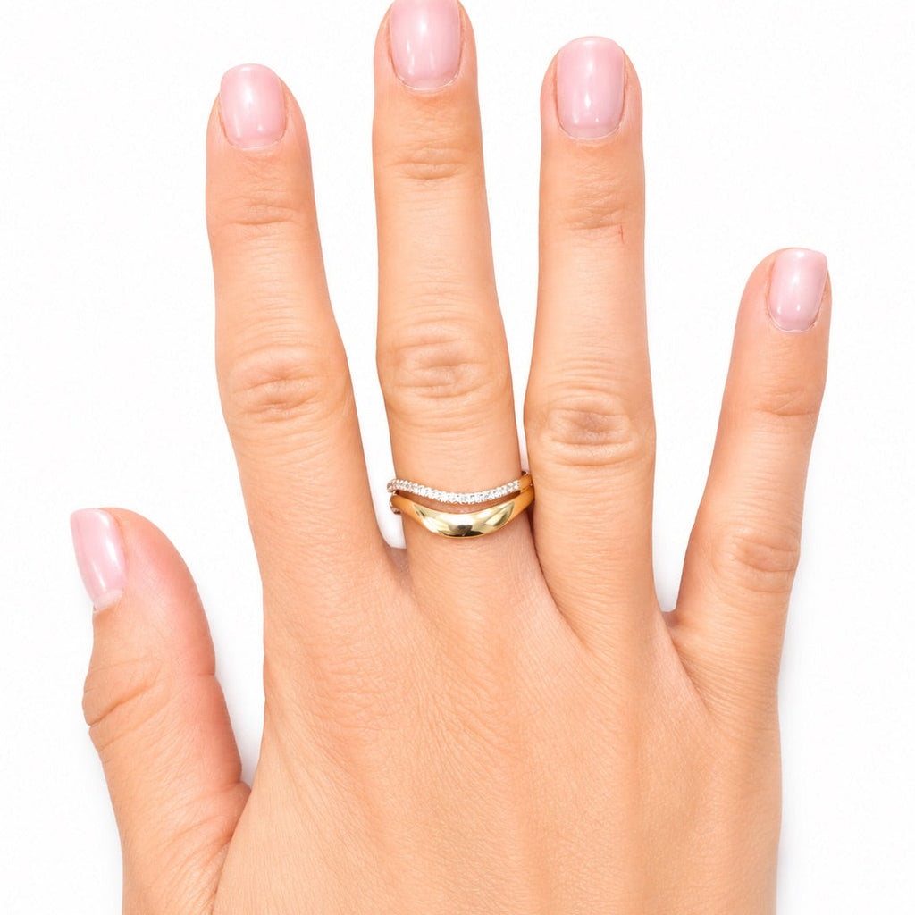 Yellow Gold Domed & Pave Wave Double Band Ring