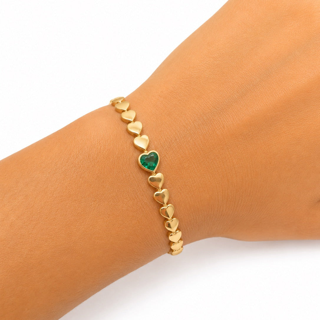 Yellow Gold Heart Chain Bracelet with Emerald Heart Center