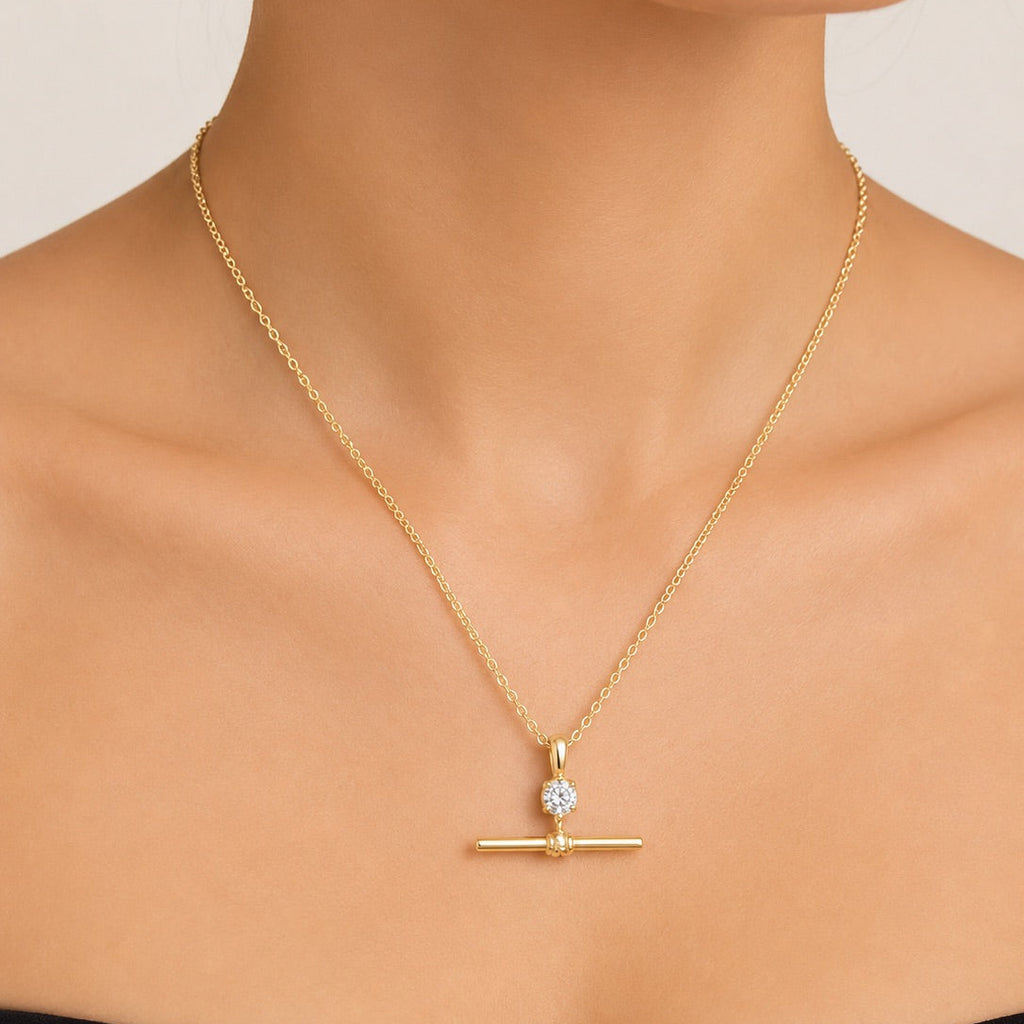 Yellow Gold Solitaire T-Bar Pendant Necklace