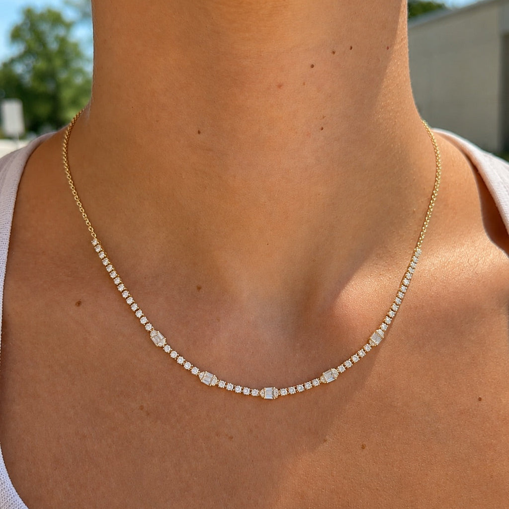 Yellow Gold Baguette & Round Diamond Tennis Necklace