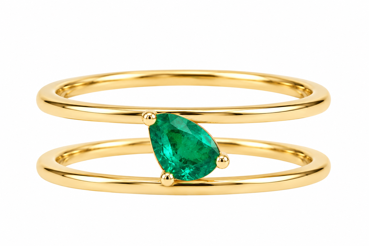Gold Pear-Cut Emerald Double Band Ring