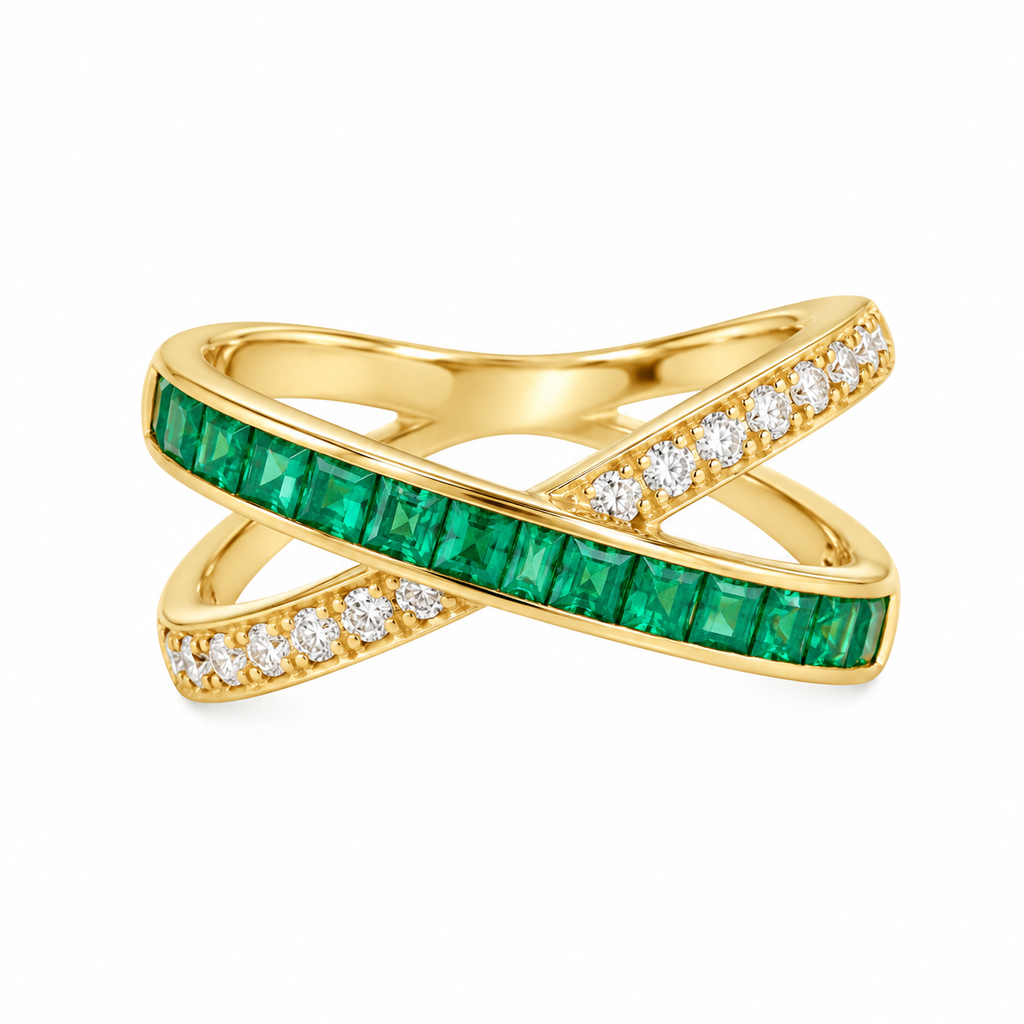 Yellow Gold Emerald & Diamond Crossover Ring