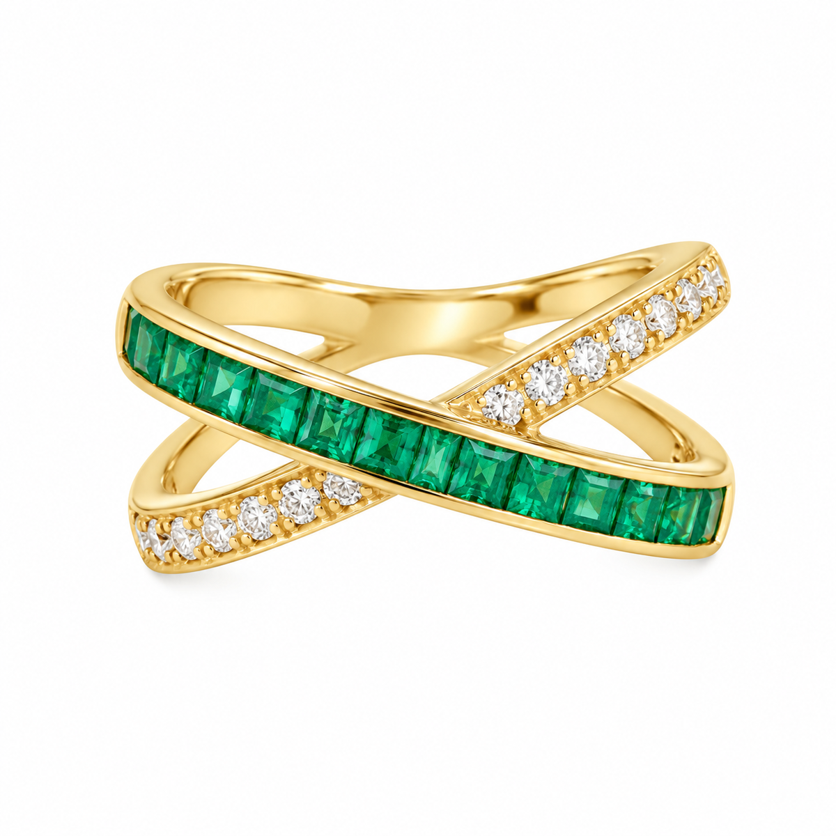 Yellow Gold Emerald & Diamond Crossover Ring