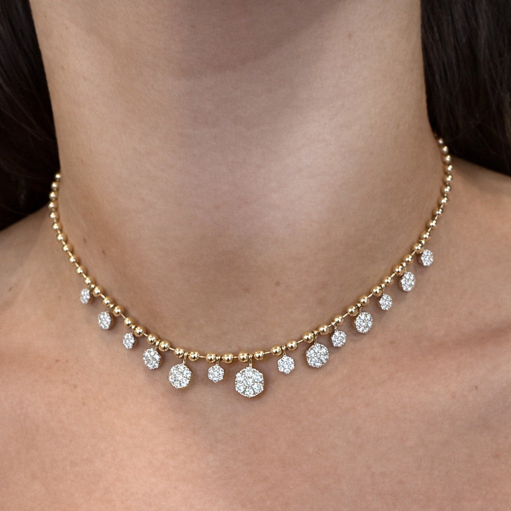 Yellow Gold Diamond Cluster Drop Necklace