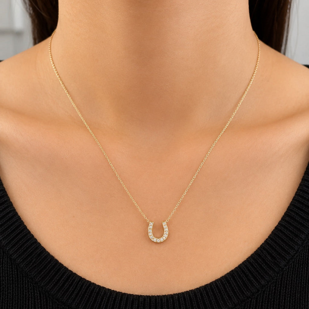 Yellow Gold Pave Horseshoe Pendant Necklace