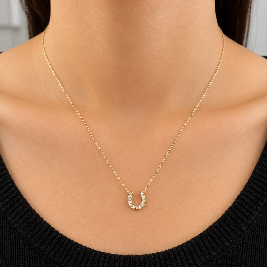 Yellow Gold Pave Horseshoe Pendant Necklace