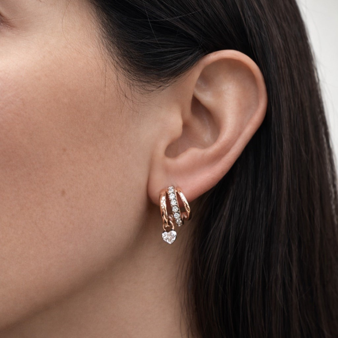 Rose Gold Triple Hoop Heart Lab Grown Drop Earrings
