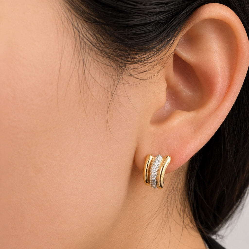 Yellow Gold Triple Row Pave Huggie Earrings