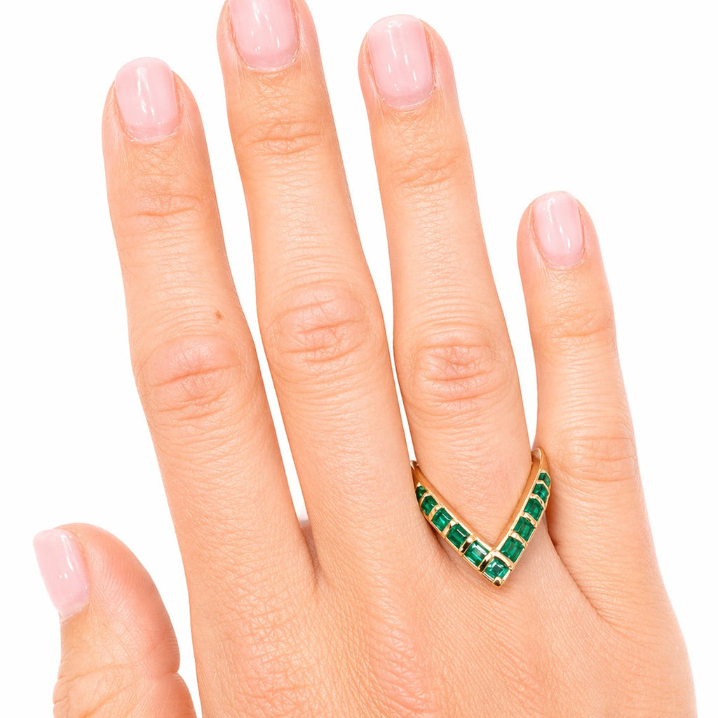 Yellow Gold Emerald Chevron V-Band Ring