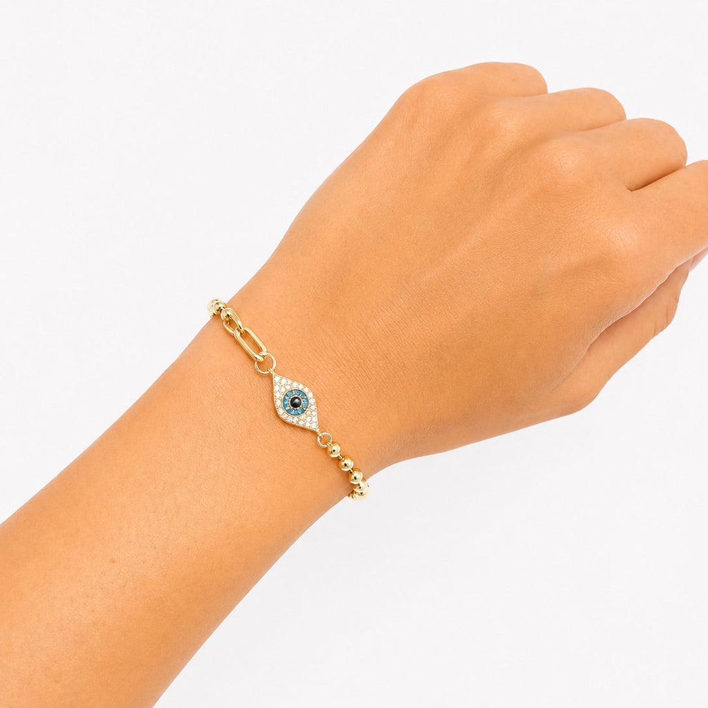 Yellow Gold Blue Evil Eye Bead Bracelet