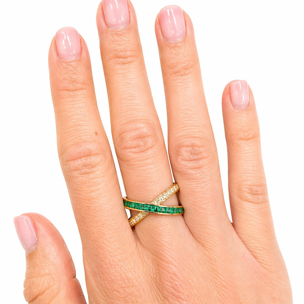 Yellow Gold Emerald & Diamond Crossover Ring