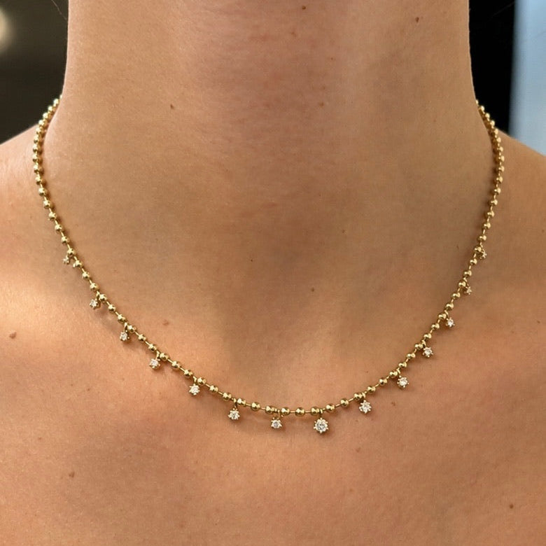 Yellow Gold Diamond Fringe Bead Chain Necklace