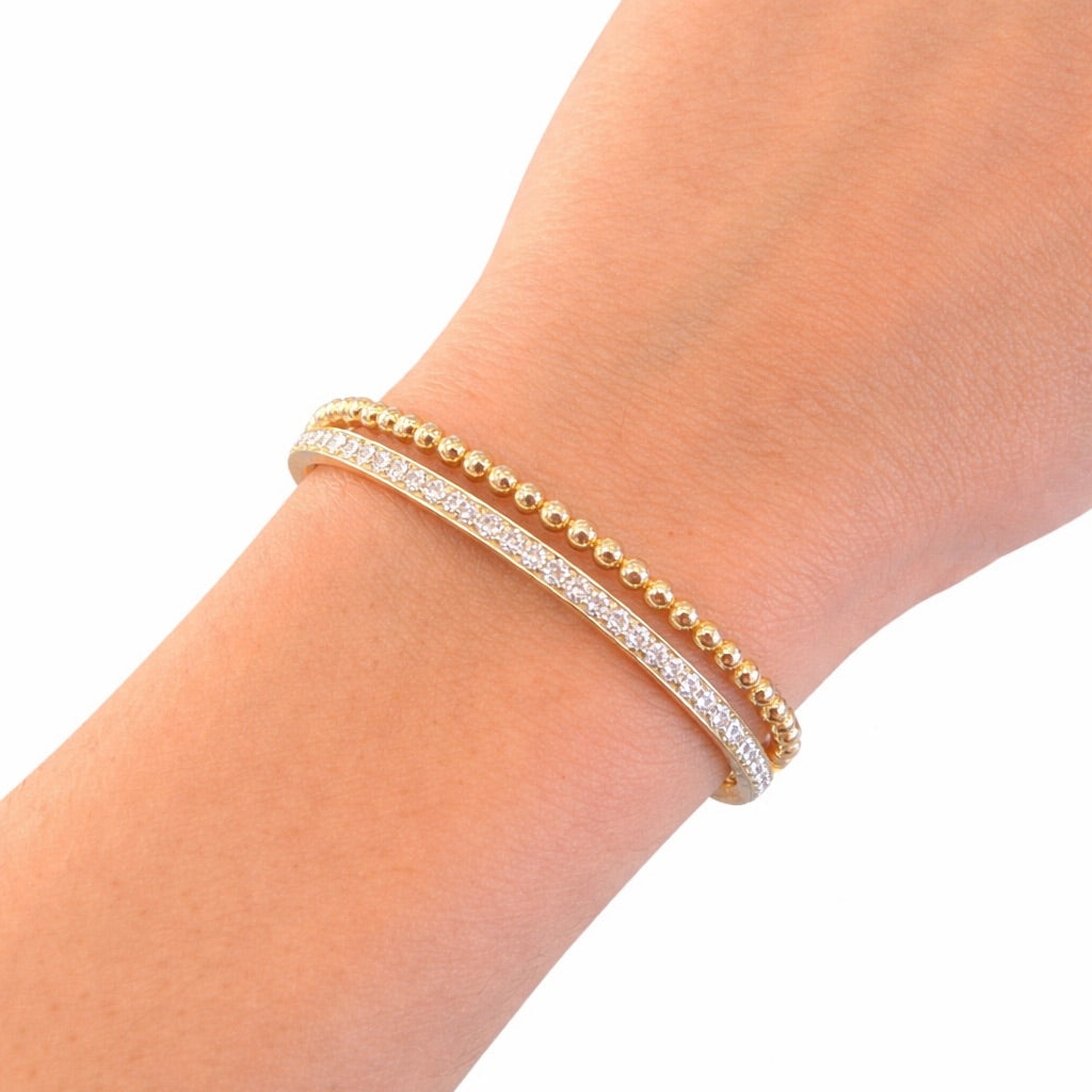 Gold Bead & Pave Diamond Bangle Set