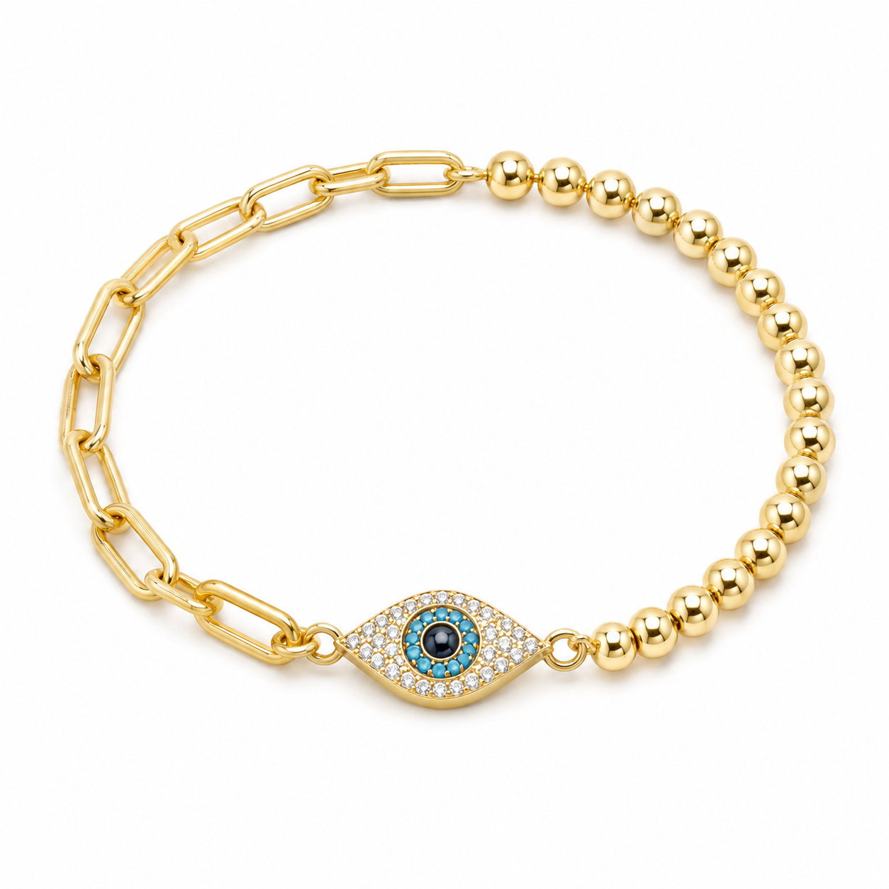 Yellow Gold Blue Evil Eye Bead Bracelet