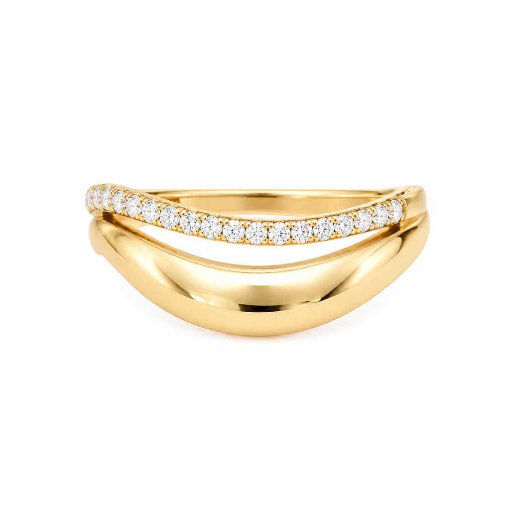 Yellow Gold Domed & Pave Wave Double Band Ring