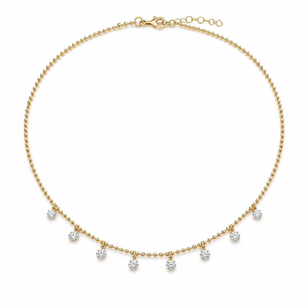 Yellow Gold Diamond Dangle Bead Chain Necklace