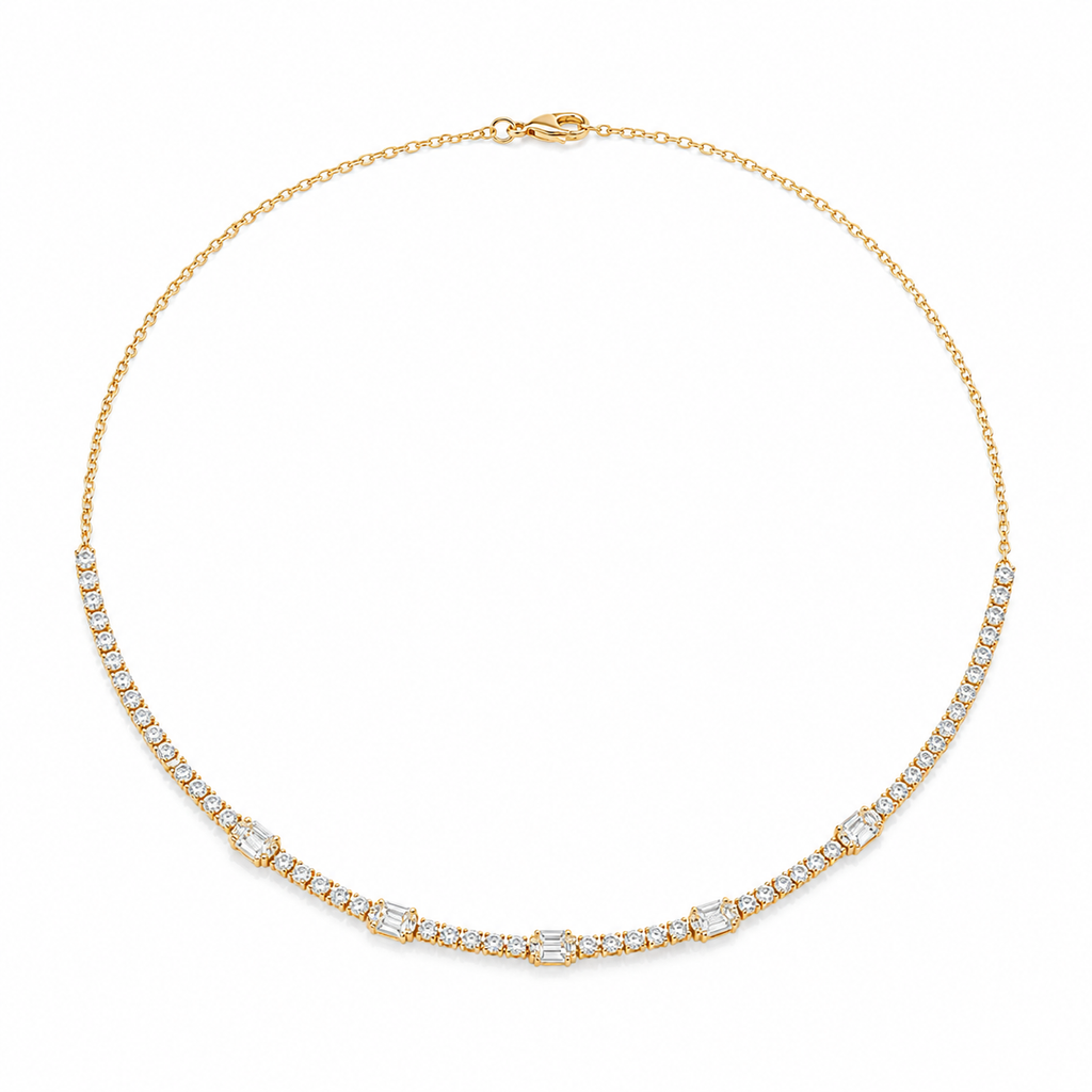 Yellow Gold Baguette & Round Diamond Tennis Necklace