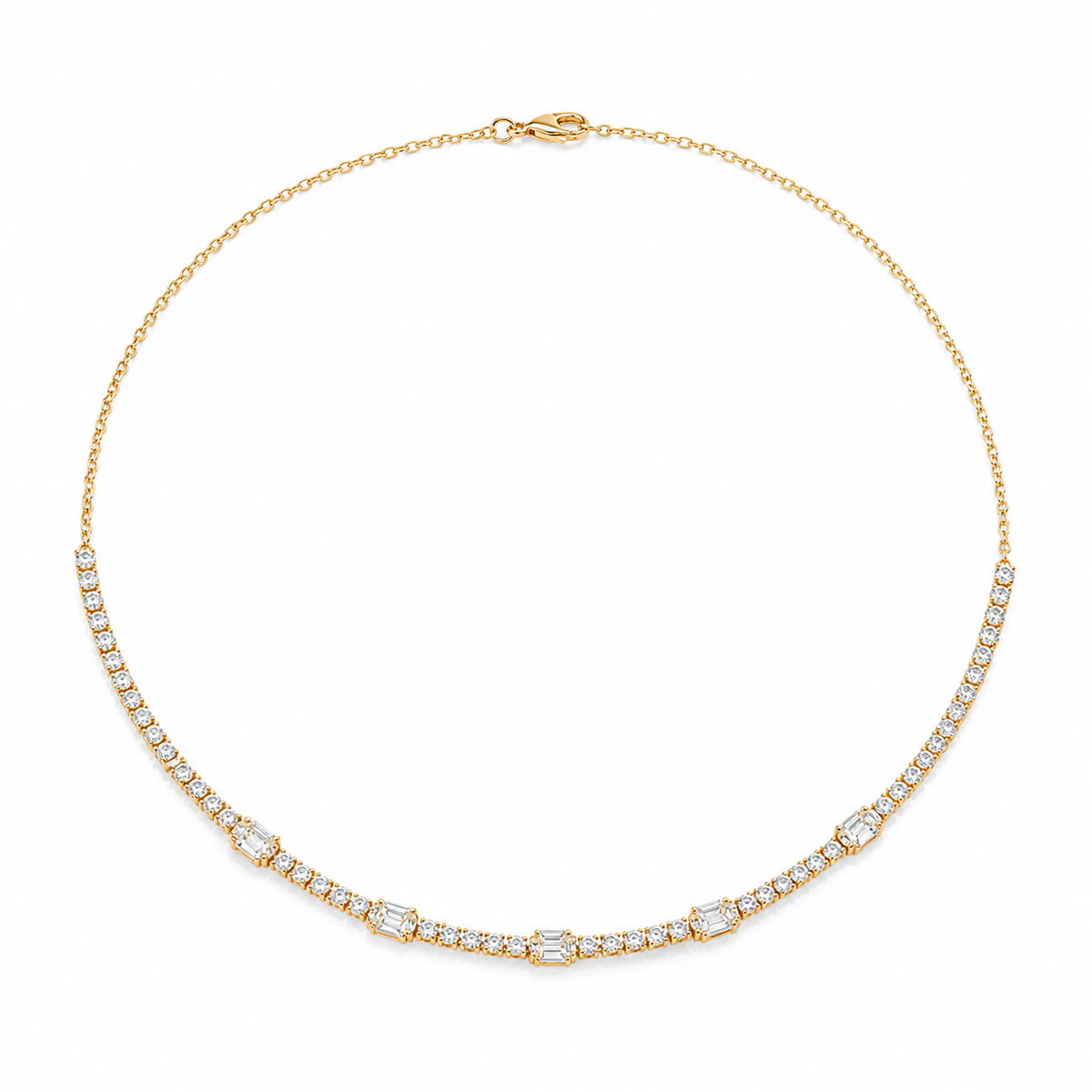 Yellow Gold Baguette & Round Diamond Tennis Necklace