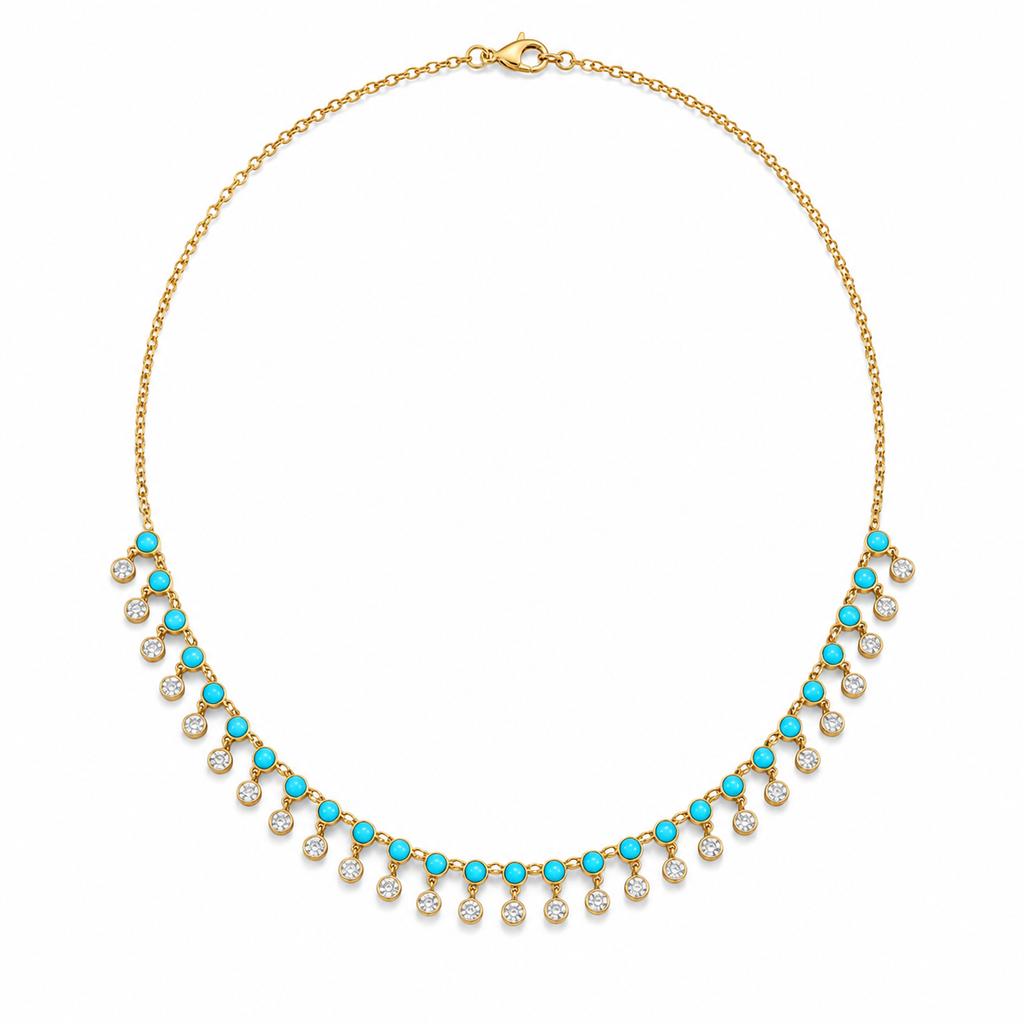 Yellow Gold Lab Turquoise & Diamond Fringe Necklace