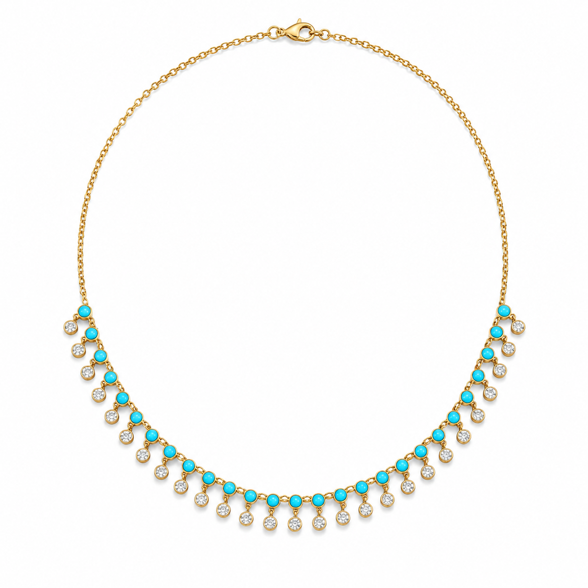 Yellow Gold Lab Turquoise & Diamond Fringe Necklace