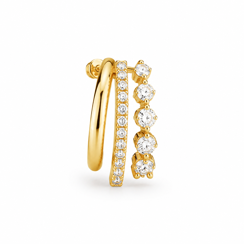 Yellow Gold Triple Row Bezel & Pave Huggie Earrings