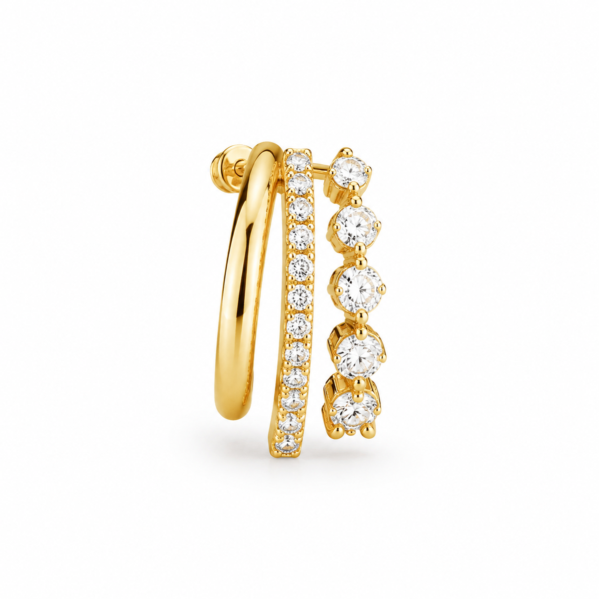 Yellow Gold Triple Row Bezel & Pave Huggie Earrings