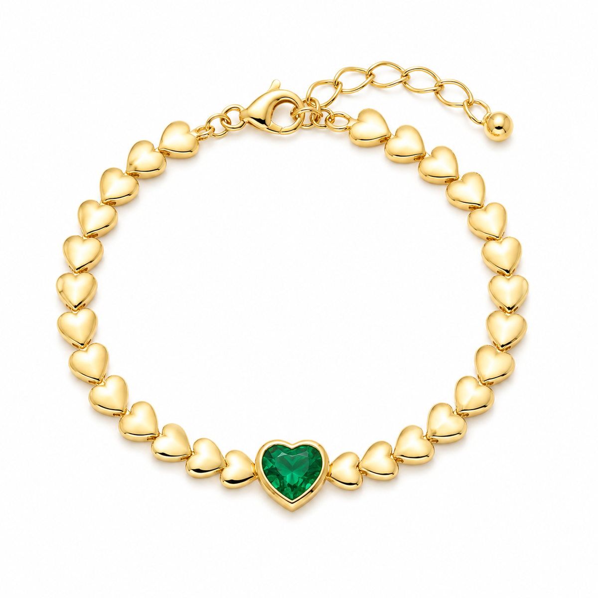 Yellow Gold Heart Chain Bracelet with Emerald Heart Center