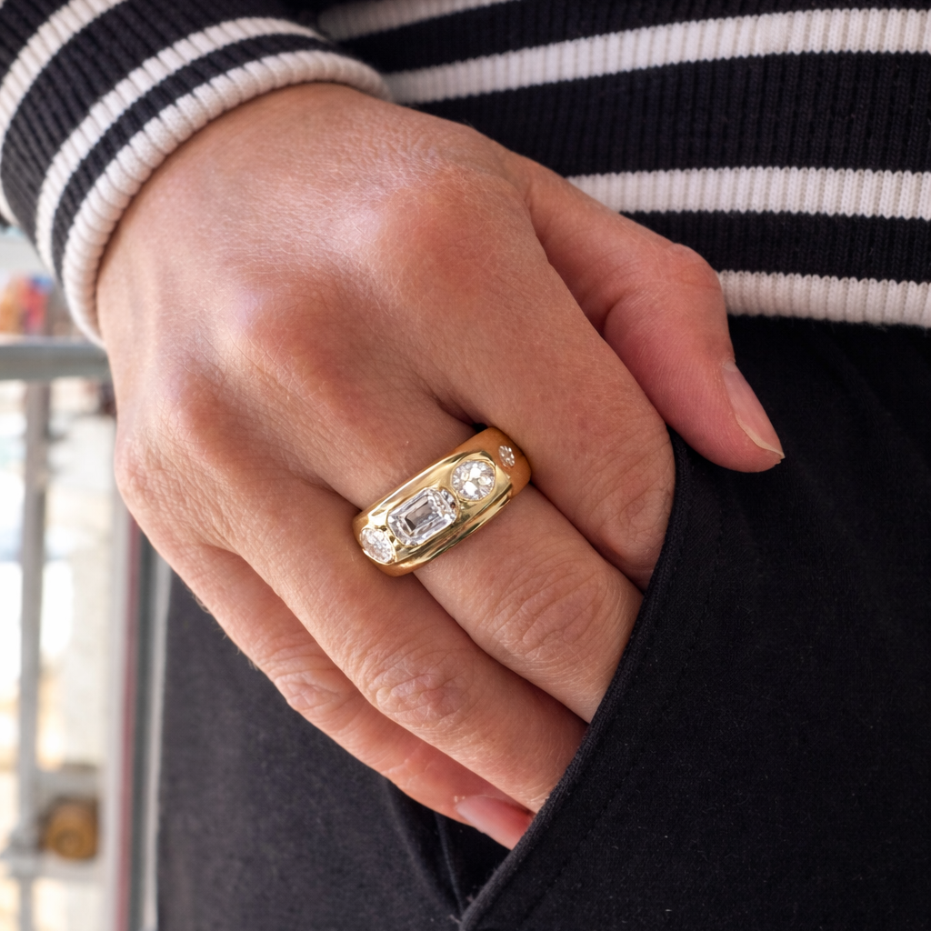 Yellow Gold and Lab Diamond Emerald Dome Ring
