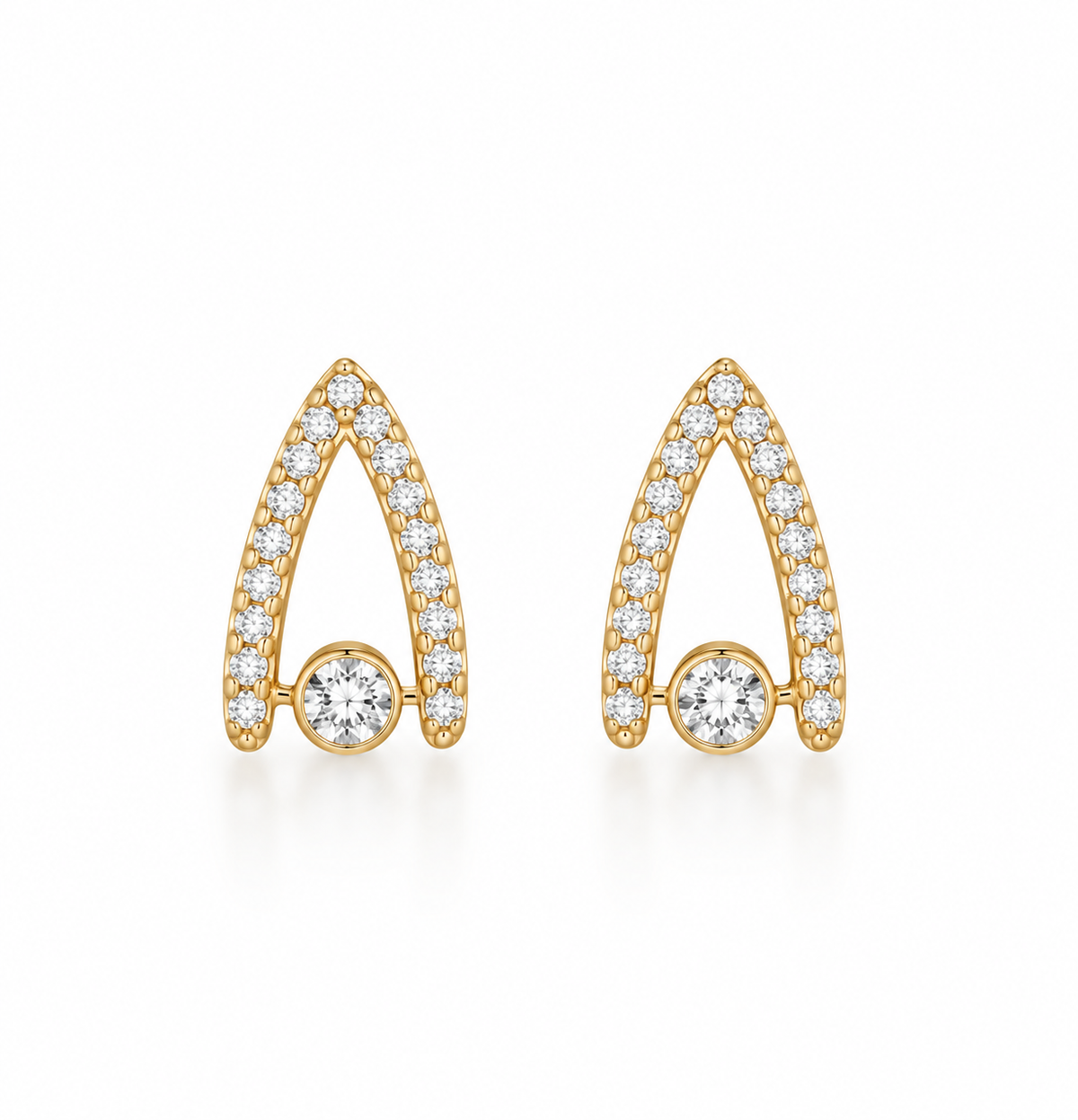 Yellow Gold Pave Arch & Solitaire Stud Earrings