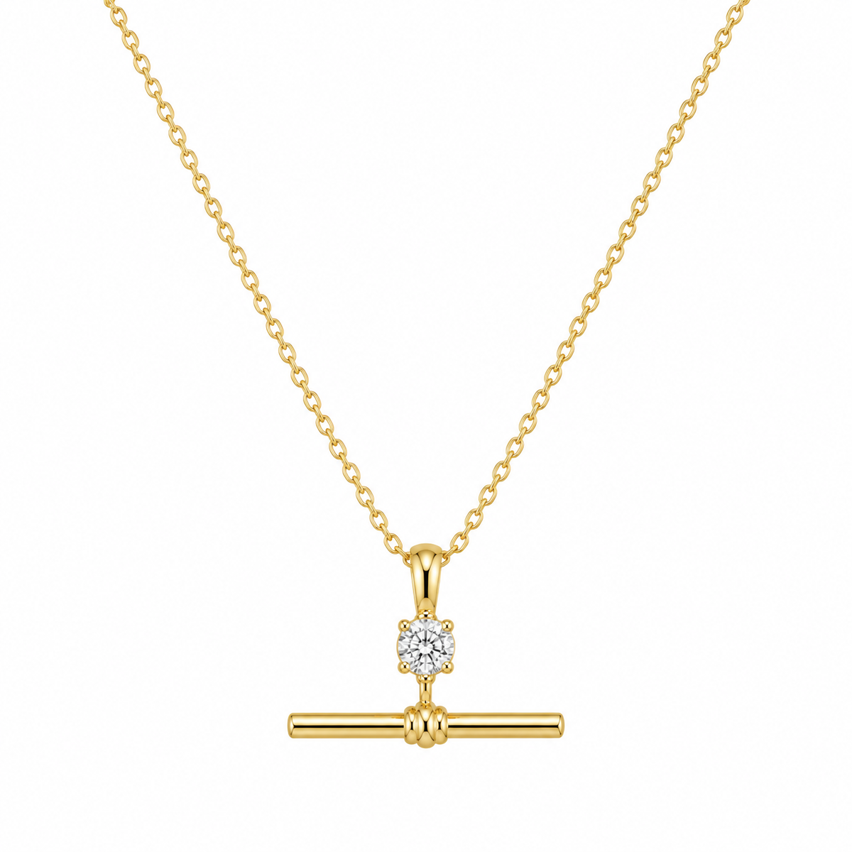 Yellow Gold Solitaire T-Bar Pendant Necklace