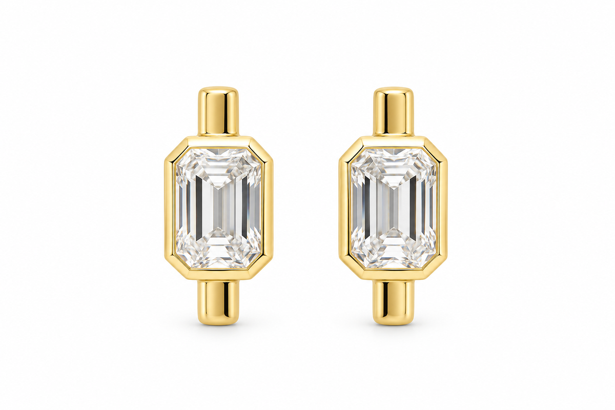 Bezel Lab Grown Emerald Cut Diamond Stud Earrings in 14K yellow gold