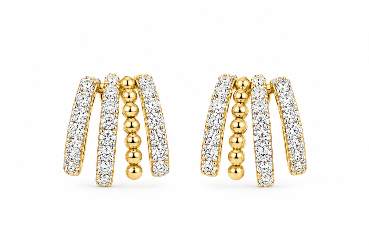 Triple Pave Bar Huggie Earrings in 14K yellow gold