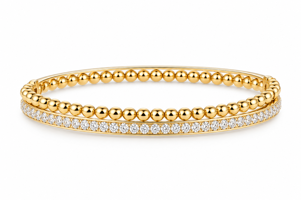 Gold Bead & Pave Diamond Bangle Set