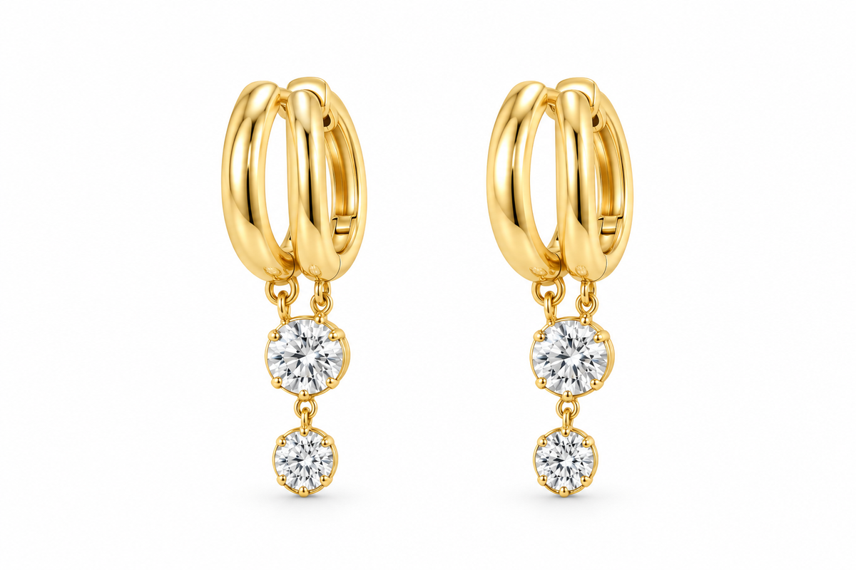 Triple Diamond Drop Lab Grown Huggie Earrings in 14K yellow gold