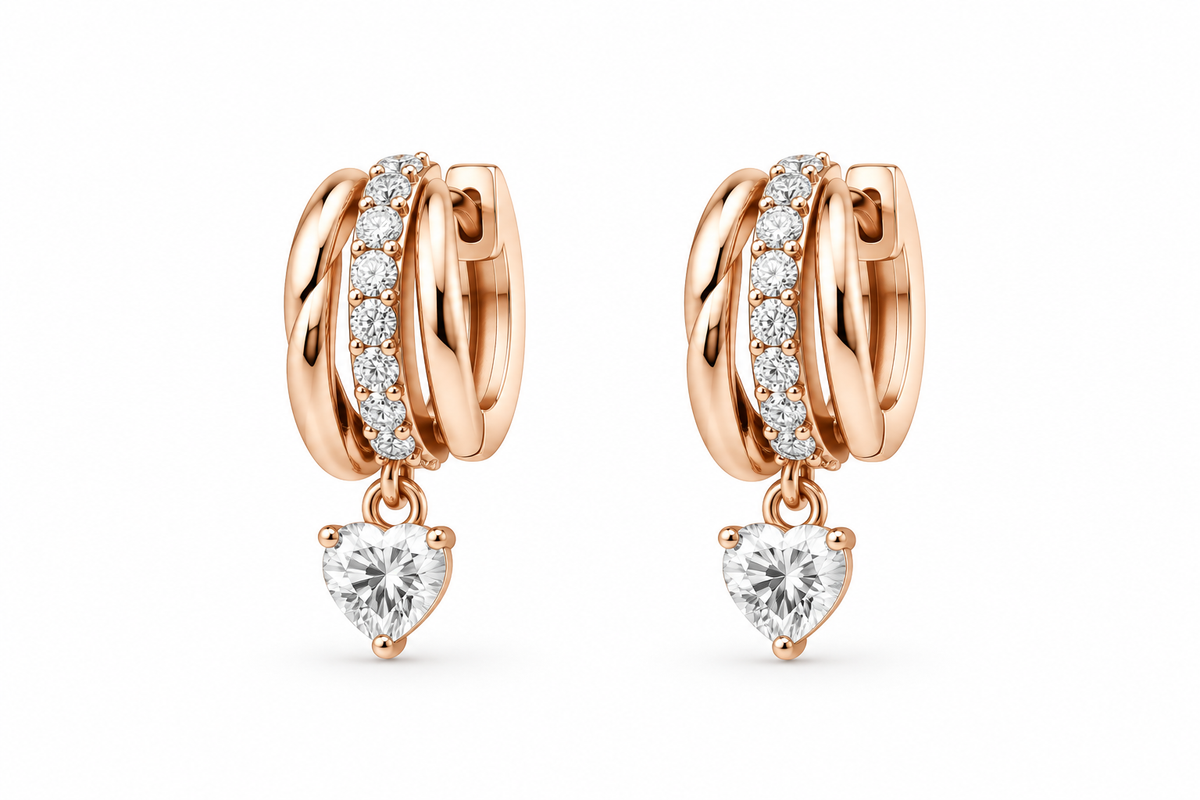 Rose Gold Triple Hoop Heart Lab Grown Drop Earrings