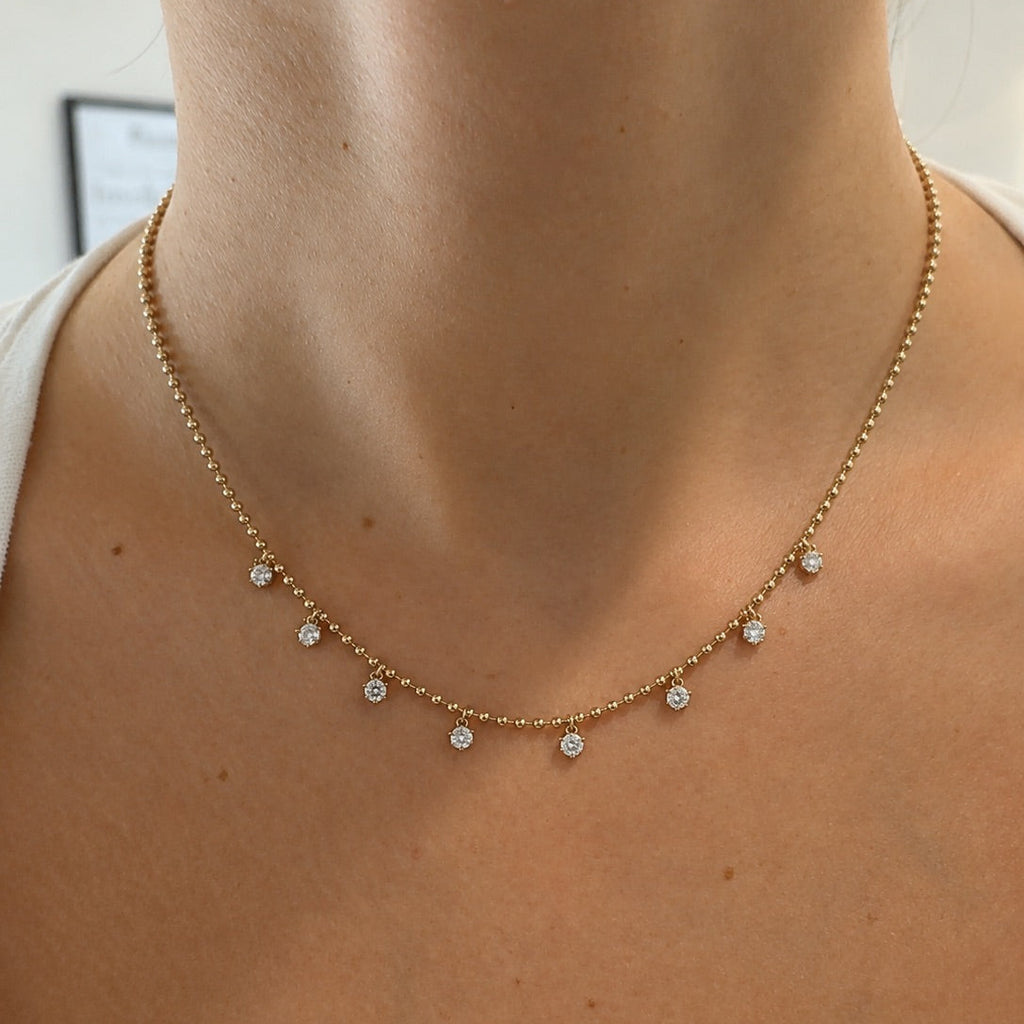 Yellow Gold Diamond Dangle Bead Chain Necklace