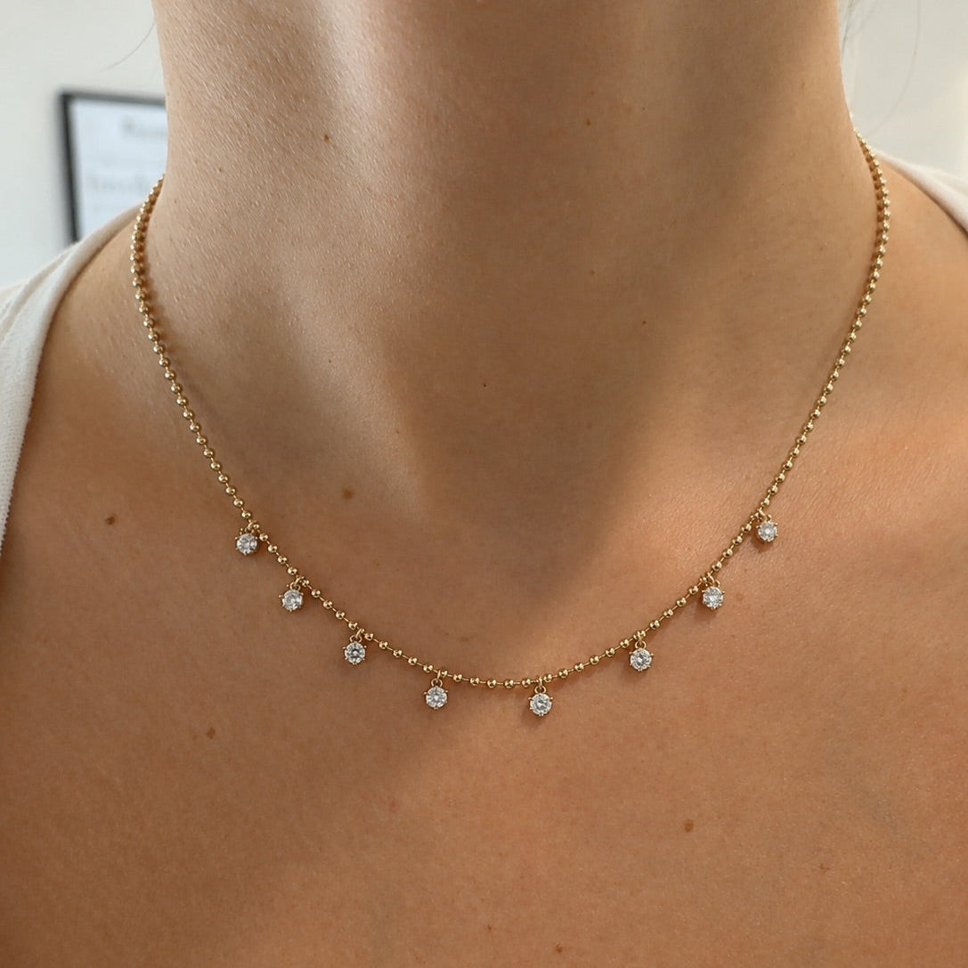 Yellow Gold Diamond Dangle Bead Chain Necklace