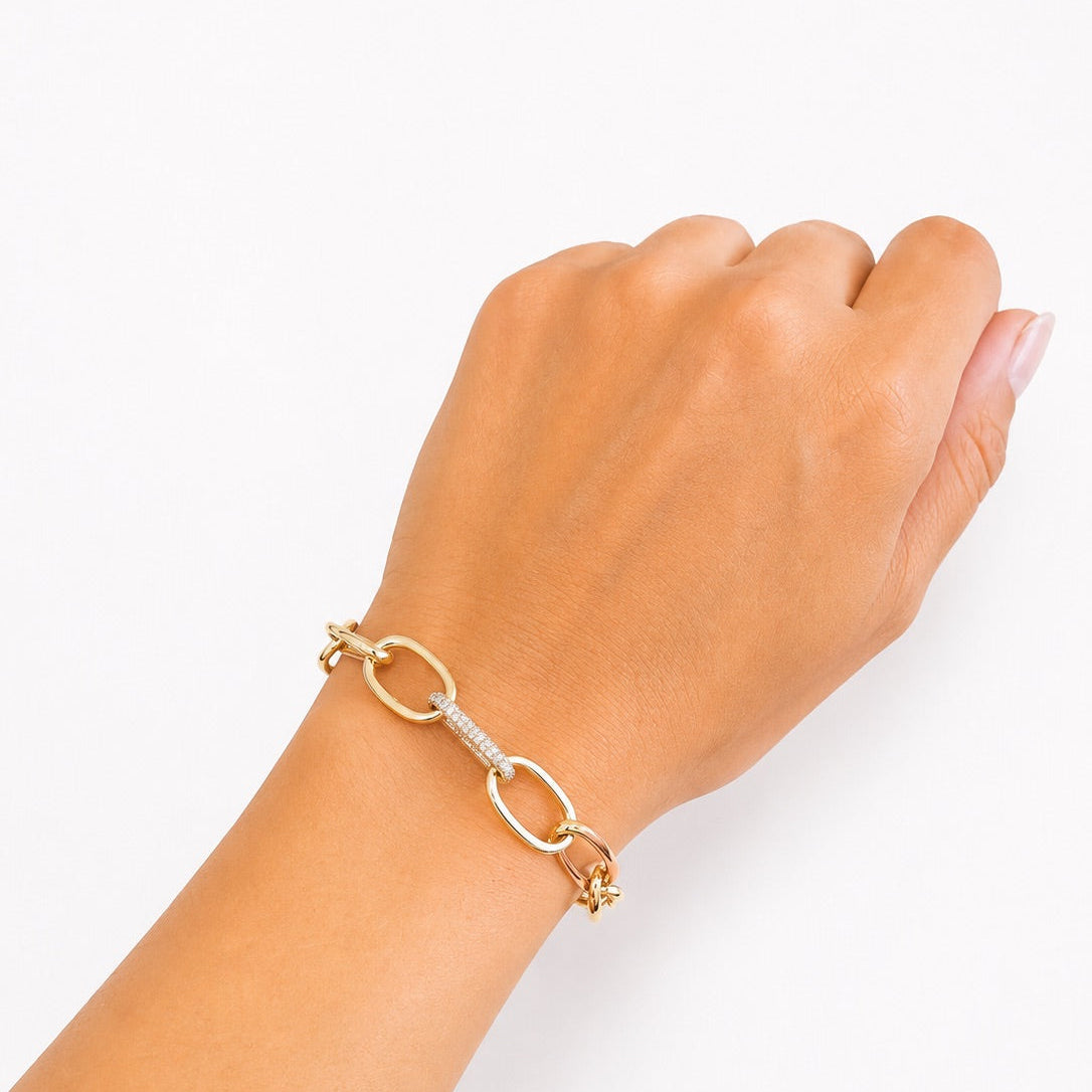 Yellow Gold Oval Link Bracelet with Pave Connector
