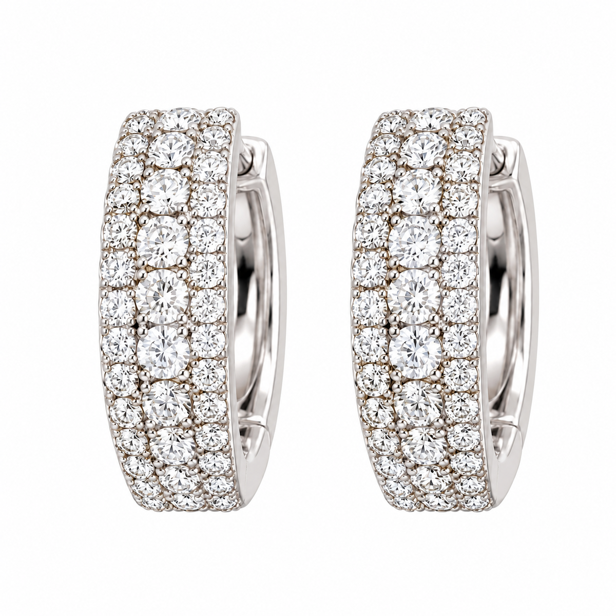 White Gold Double Row Pave Huggie Earrings