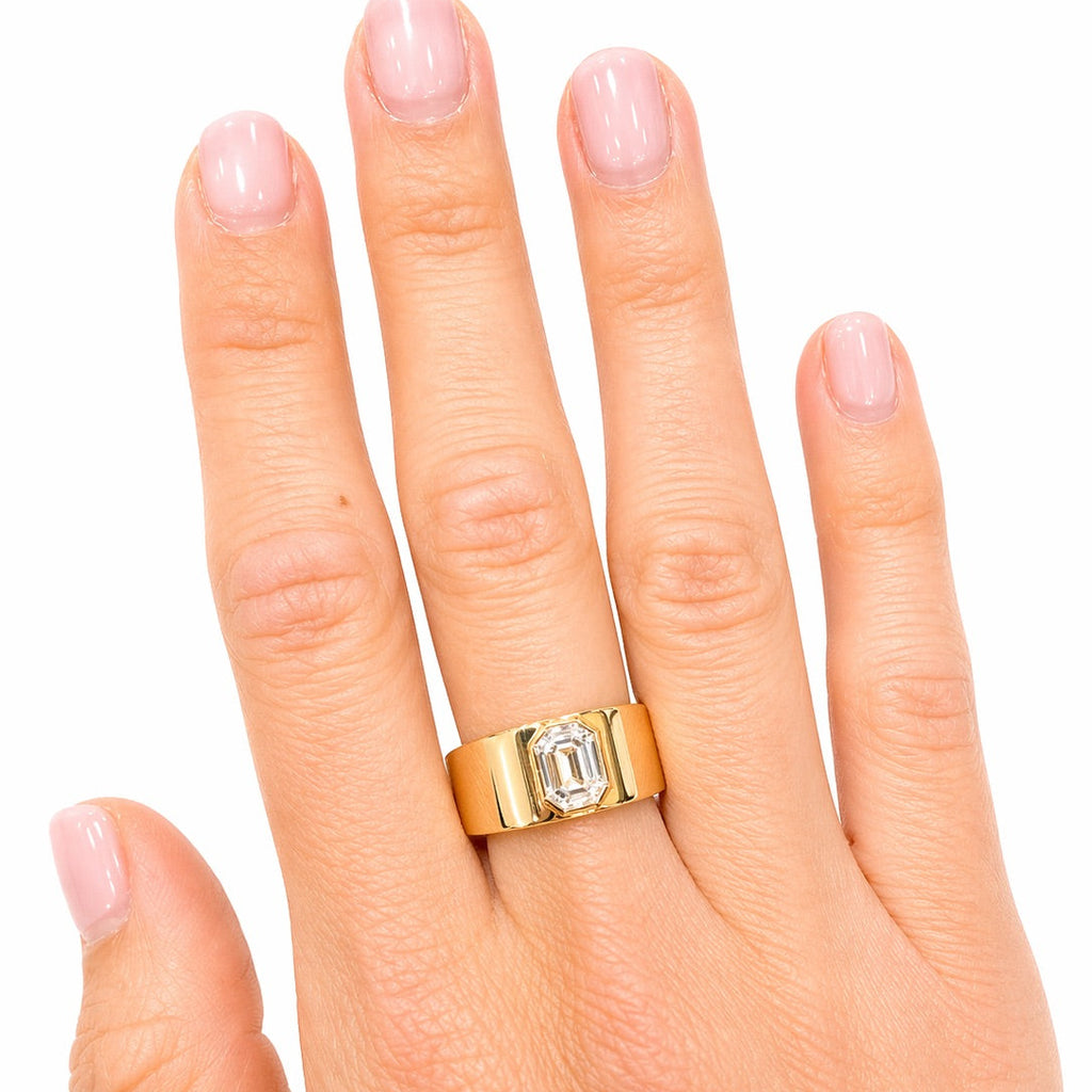 Gold Wide Band Emerald-Cut Diamond Solitaire Ring