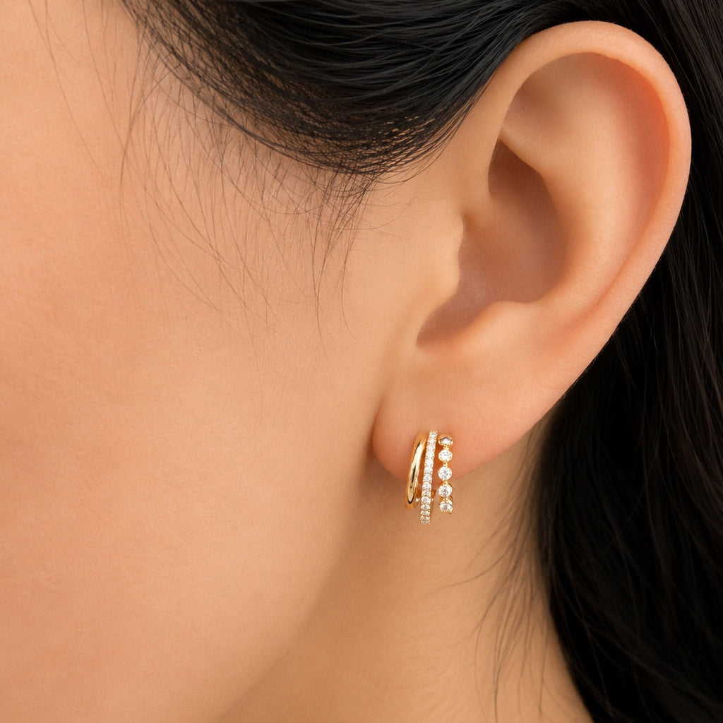 Yellow Gold Triple Row Bezel & Pave Huggie Earrings