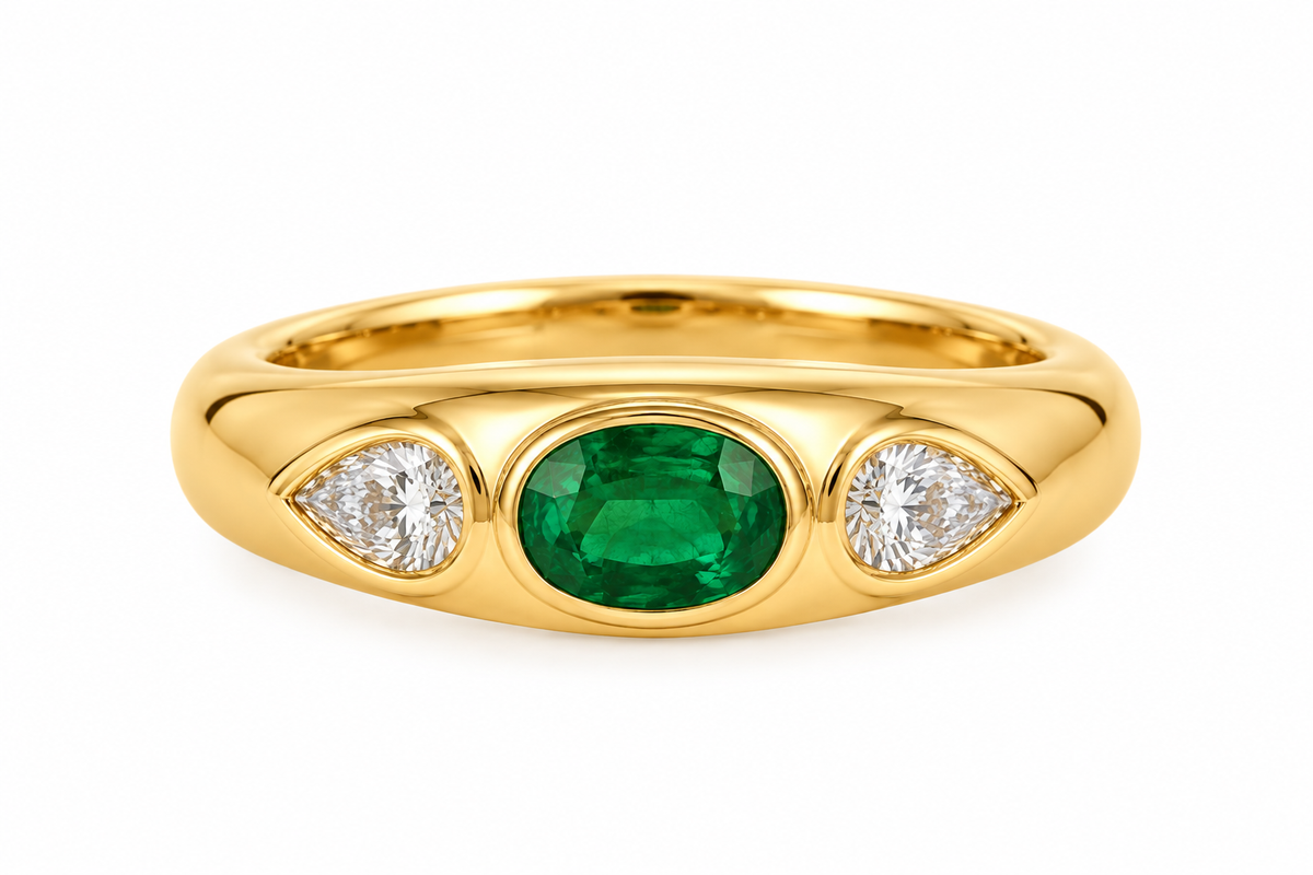 Lab Grown Yellow Gold Oval Stone Emerald Gypsy Ring in 18K yellow gold