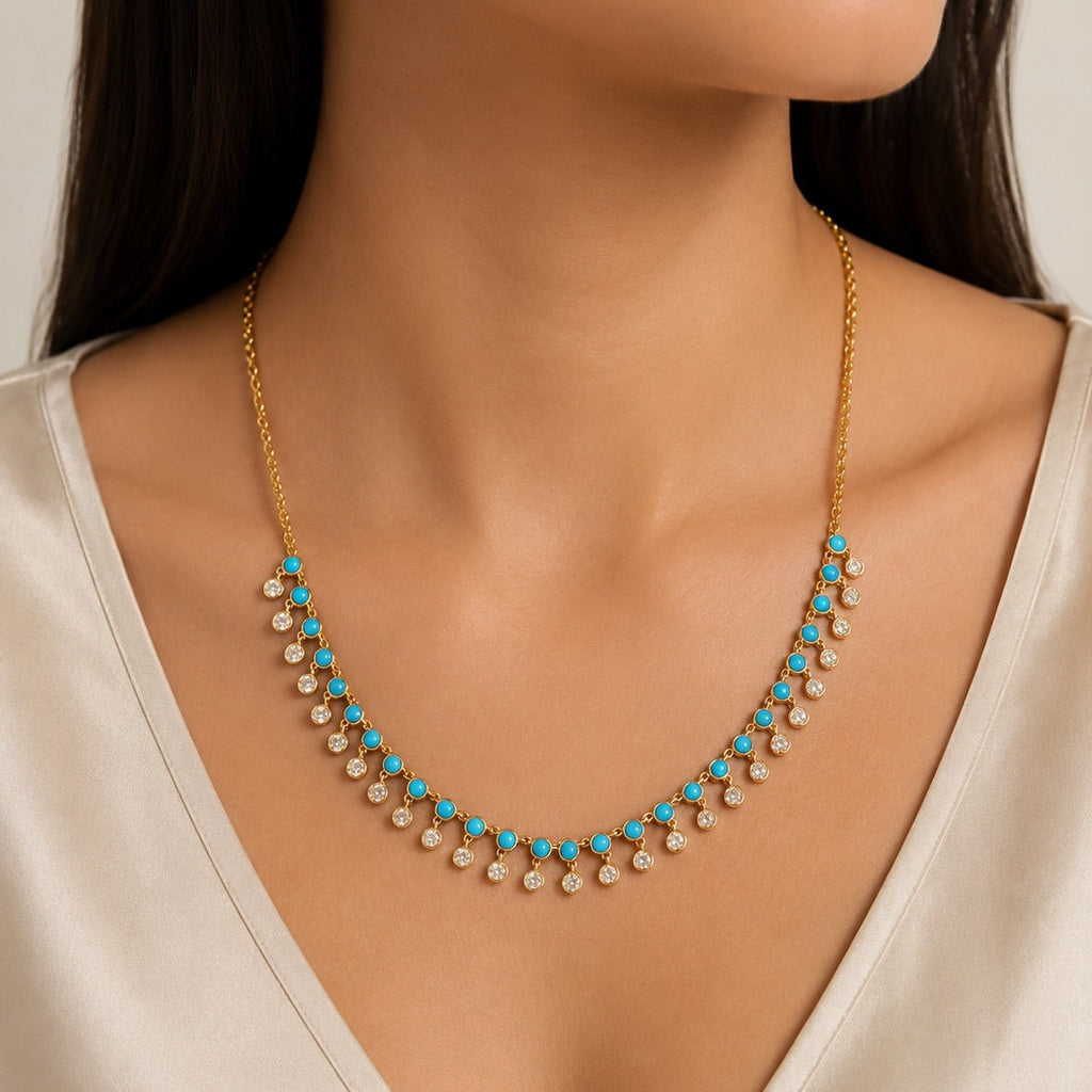 Yellow Gold Lab Turquoise & Diamond Fringe Necklace