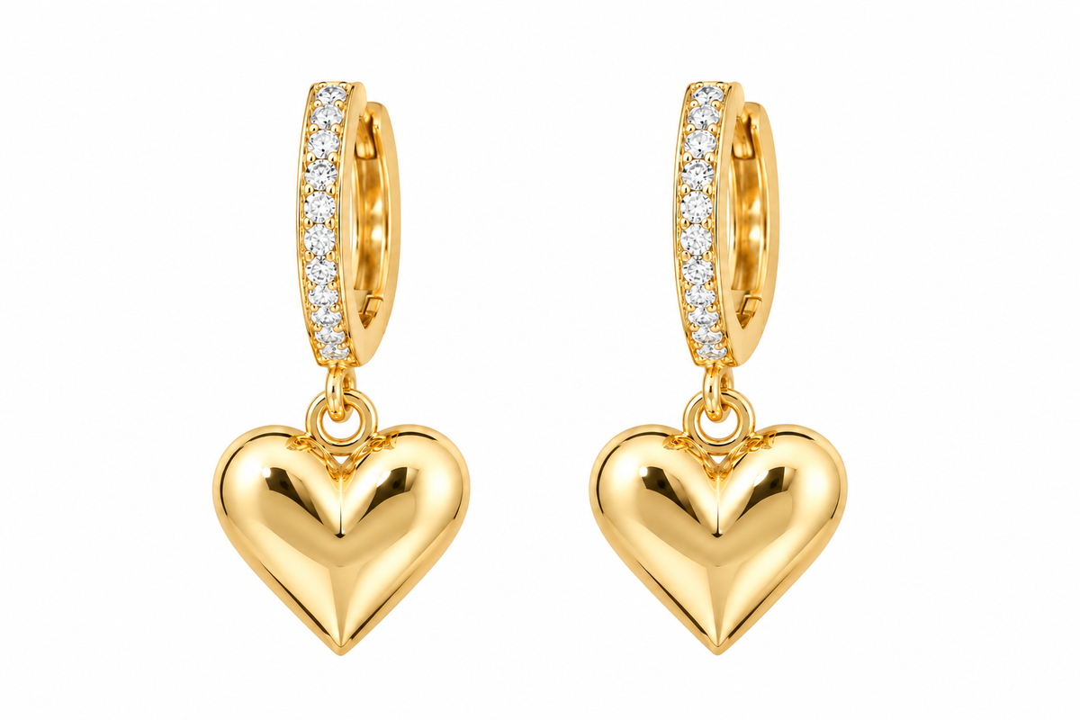 Yellow Gold Pave Huggie & Puffy Heart Drop Earrings