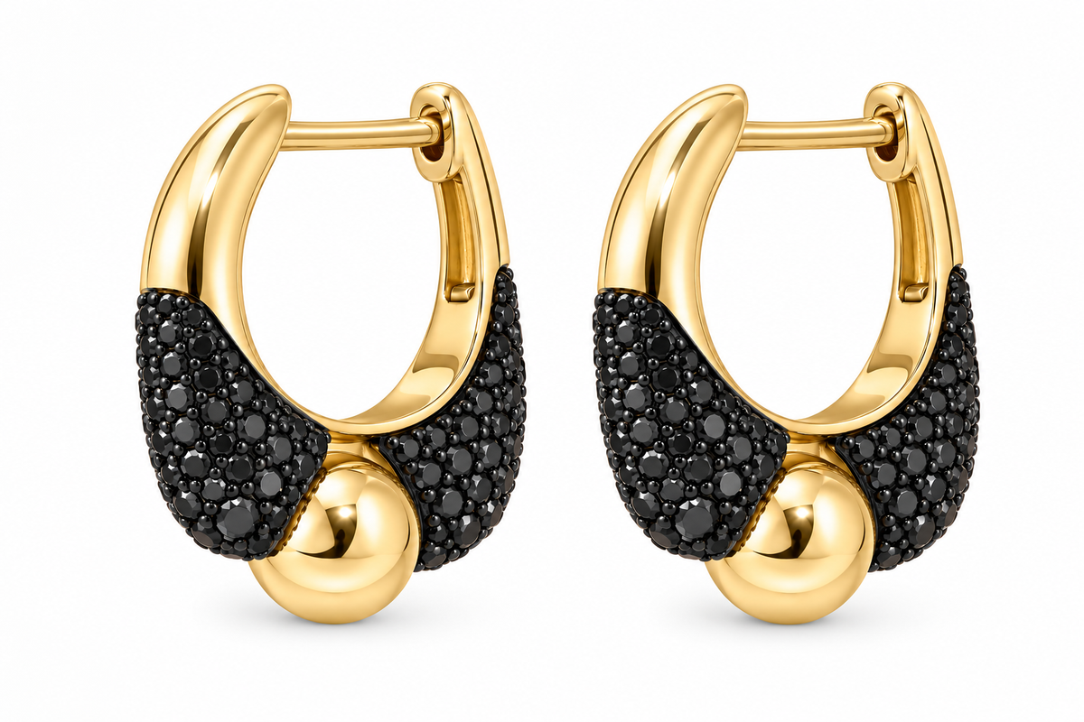 Black Diamond Pave Huggie Earrings in 14K yellow gold
