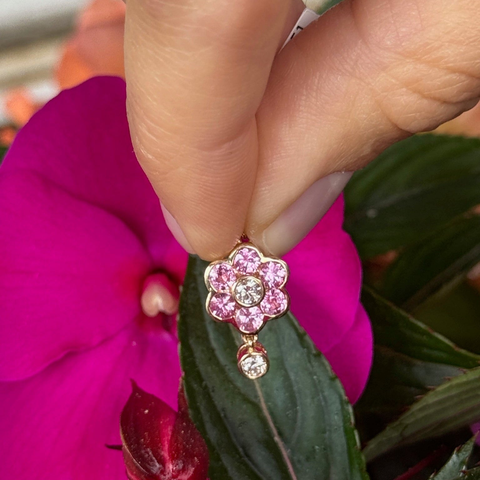 Pink Flower Charm with Hanging Diamond