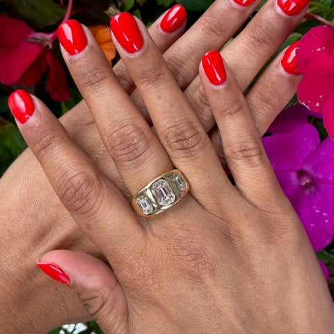 Three-Stone Emerald Cut Signet Ring